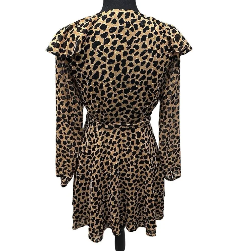 Free People Frenchie Leopard‎ Print Wrap Mini Dress  XS Long Sleeves Ruffle NWT